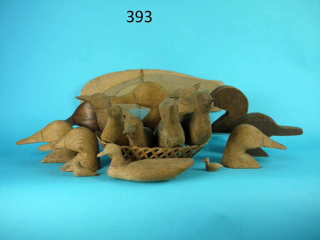 GROUP OF UNPAINTED DECOY HEADS/SHOREBIRD BODIES: GROUP OF SIX DECOY HEADS AND SIX SHOREBIRD BODIES, all unpainted and in good condition. Also, two cocktail size decoys, unpainted. Also, three decoy body patterns, cardboard construction. All in good 