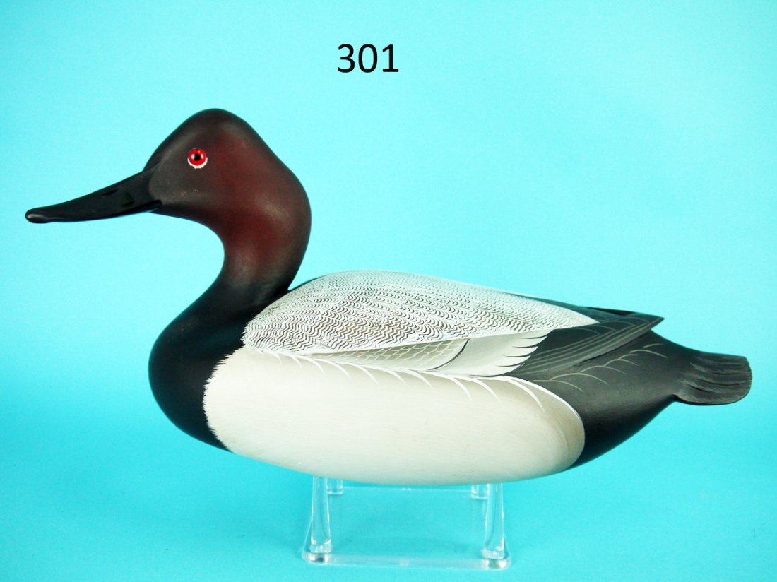 CANVASBACK DRAKE, G. STRUNK: FINE CANVASBACK DRAKE by George Strunk, Glendora, NJ. Excellent original paint and unused condition. Professional paint touch up to very tight check to side of drake's neck that is barely visible. Hol