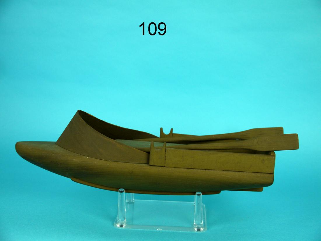 SNEAK BOX, K. LOVELAND: SNEAK BOX MODEL by Ken Loveland, Pt. Pleasant, NJ. Excellent paint and structural condition. Includes two oars, hatch cover and spray screen. Overall length is approximately 12 inches. 100-200