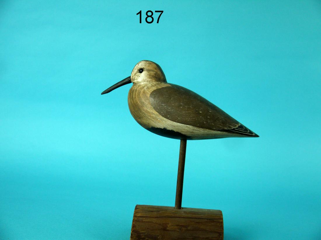 PLOVER, H.V. SHOURDS: SNUG-HEAD PLOVER by Harry V. Shourds, Seaville, NJ. Very good antiqued paint and structural condition. Retains glass eyes and original bill. Mounted atop a custom base. Signed by maker. Overall length