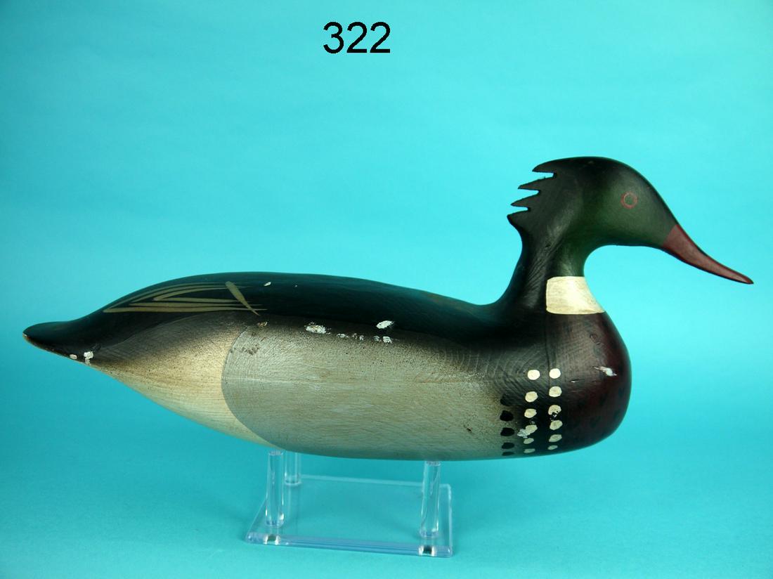 RED-BREASTED MERGANSER DRAKE: RED-BREASTED MERGANSER DRAKE similar in style to the work of Harry Shourds. Good original paint and structural condition. Some areas of paint flaking. Hollow construction. Painted eye detail. Carved c