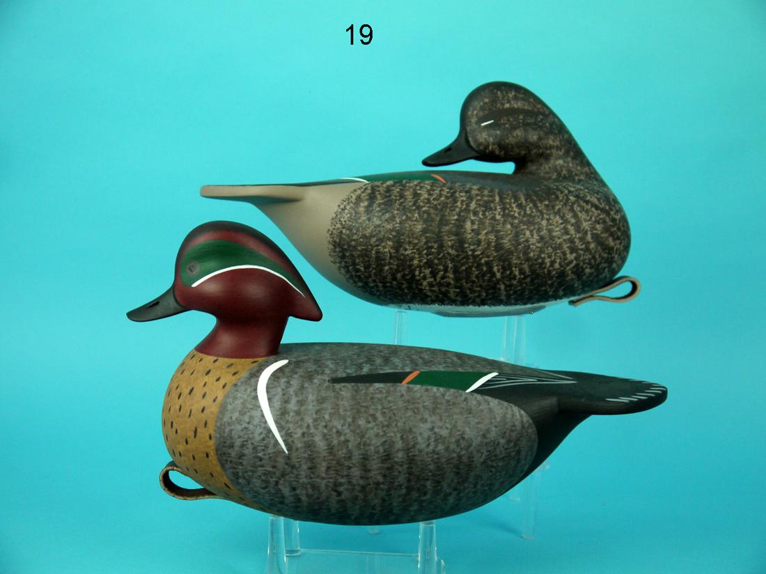 GREEN WING TEAL PAIR, D. BURNS: PAIR OF GREEN WING TEAL by Dan Burns, Salisbury, MD. Excellent original paint and unused condition. Hollow construction. Both with painted feather and stipple detail to backs and sides. The hen is car