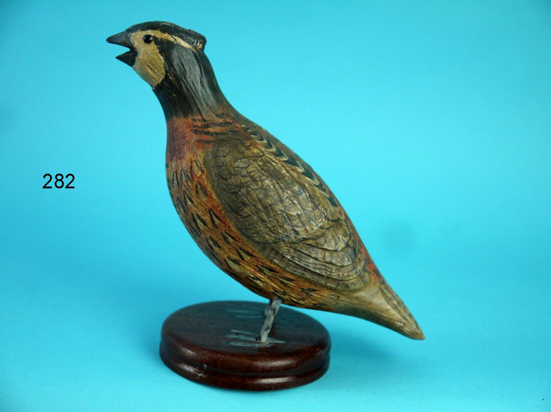 BOBWHITE QUAIL, K. KIRBY: PRIMITIVE BOBWHITE QUAIL by Ken Kirby, Little Egg Harbor, NJ. Excellent antiqued original paint and structural condition. Carved wing tips and fluted tail carving. Carved detail to head crest. Detaile