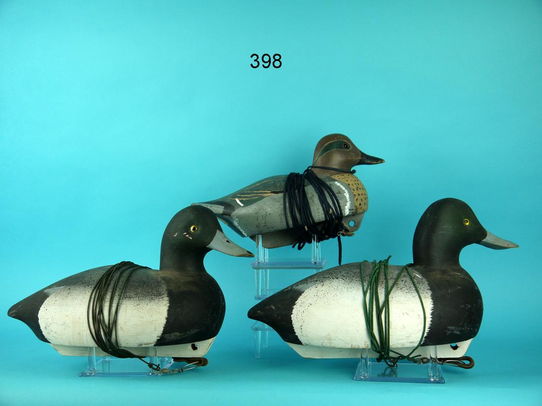 TWO BLUEBILL DRAKES, GREEN WING TEAL DRAKE, DELAWARE RIVER DECOY CO. (1 of 1)