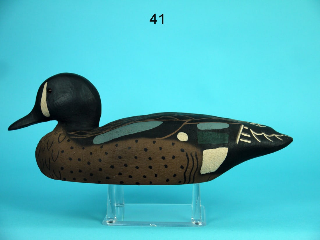 BLUE WING TEAL DRAKE, HERTER'S: BLUE WING TEAL DRAKE by Herter's, Waseca, MN. 1893 Series in excellent original paint and condition. Nice painted feather detail overall. Retains glass eyes. Branded HERTER'S INC. 1893. Overall length