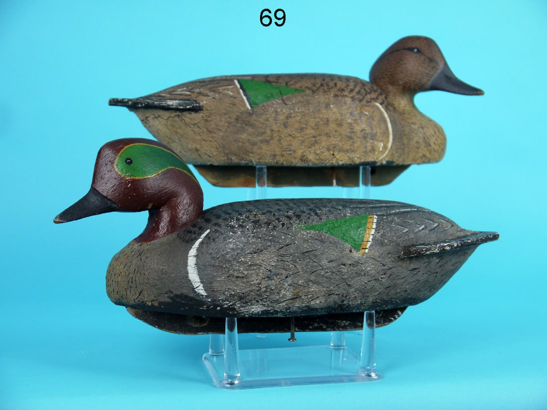 GREEN WING TEAL PAIR, P.K. HILLIARD: PAIR OF GREEN WING TEAL by P.K. Hilliard, Pleasantville, NJ. Very good original paint and structural condition with some in-use wear. Cork construction with inset wood tails. Both with turned heads an
