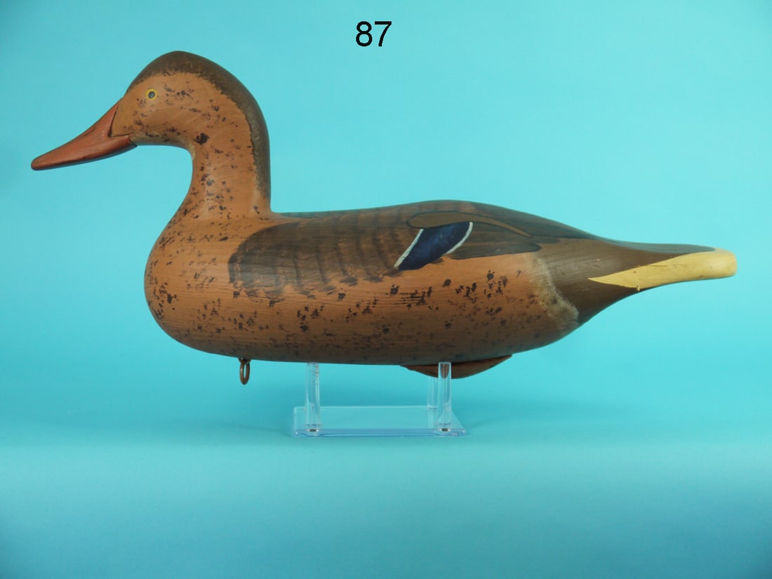 MALLARD HEN, V. BRYANT: MALLARD HEN by Vernon Bryant, Perryville, MD. Very good original paint and structural condition. Painted feather detail to back. Head with painted eyes and carved bill detail. Retains keel weight and