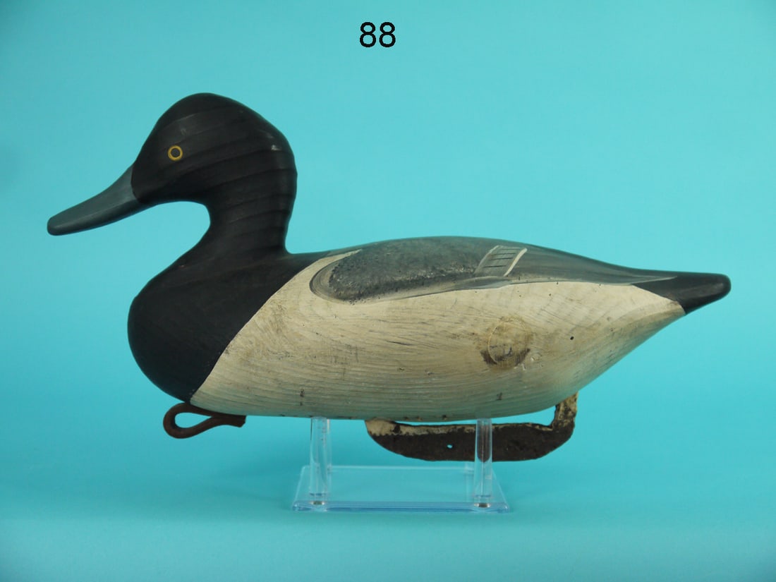 BLUEBILL DRAKE, V. BRYANT: BLUEBILL DRAKE by Vernon Bryant, Perryville, MD. Very good original paint and structural condition. Some areas of knot bleed to underside. Painted feather detail to back and painted eyes. Retains iron