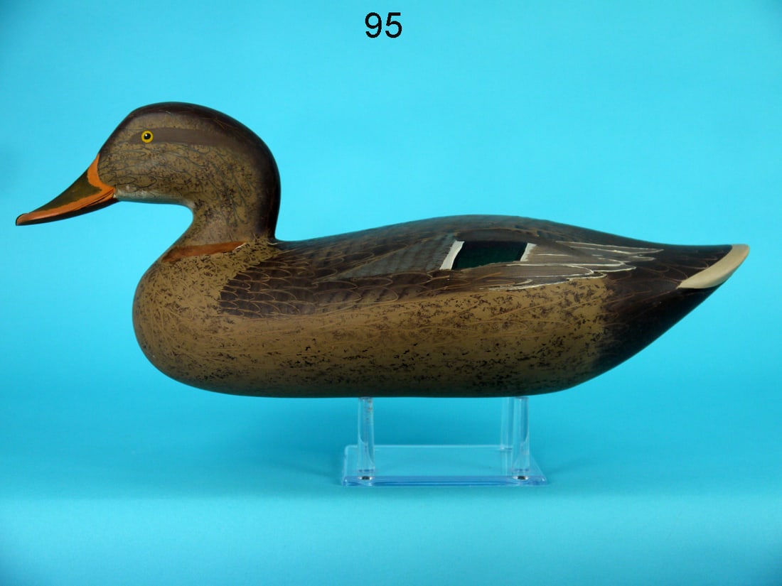 MALLARD HEN, MARYLAND: MALLARD HEN, probably Mitchell shop. Very good original paint and structural condition. Neck filler has flaked off on both sides. Comb-feather paint overall. Bill with carved nostrils and mandible. Ov
