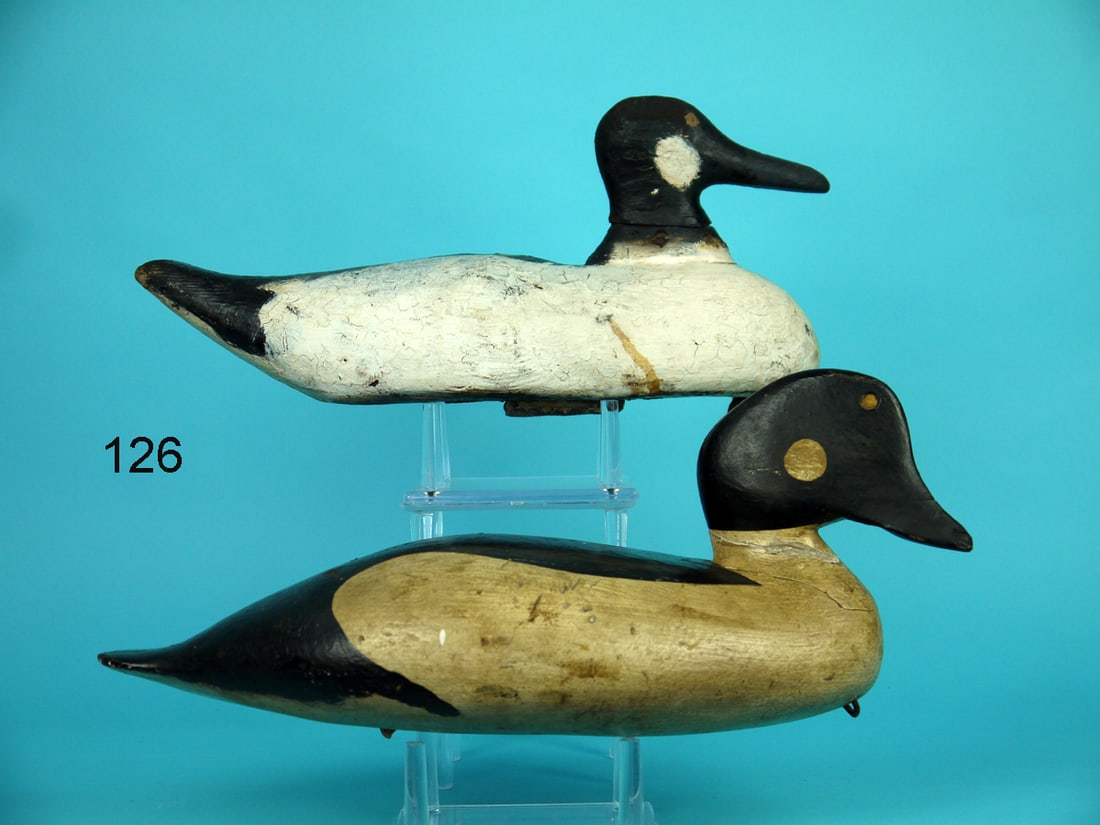 TWO GOLDENEYE DRAKES, MAINE: TWO GOLDENEYE DRAKES, Maine. Both in working paint and good structural condition. Both with in-use wear, one with crack in neck. Both solid construction. Overall lengths approximately 13 inches and 13