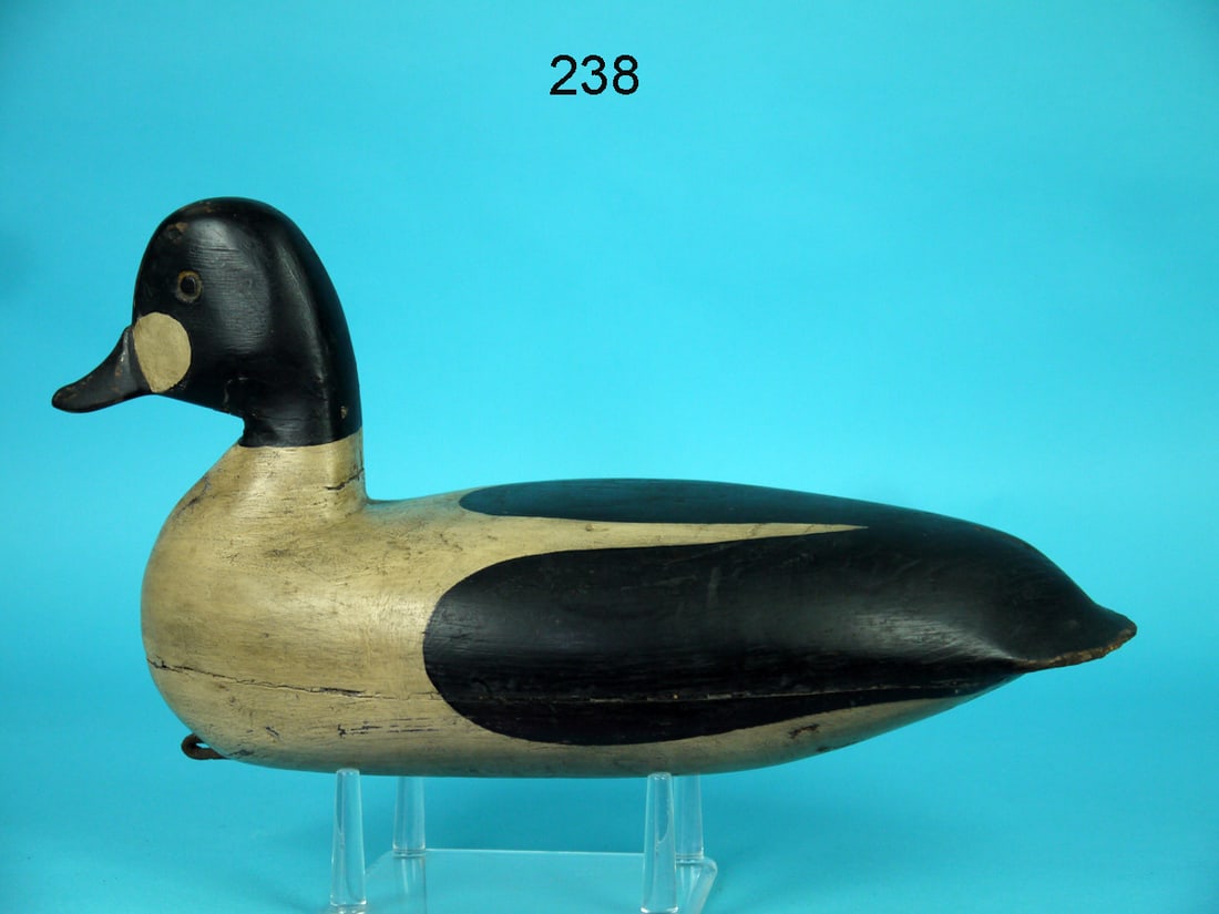 GOLDENEYE DRAKE, TUCKERTON, NJ: EARLY GOLDENEYE DRAKE, Tuckerton, NJ. Very good restored paint and structural condition. Minor loss to tail edge. Head reset. Hollow construction. Carved eyes. Retains inlet weight and leather rigging