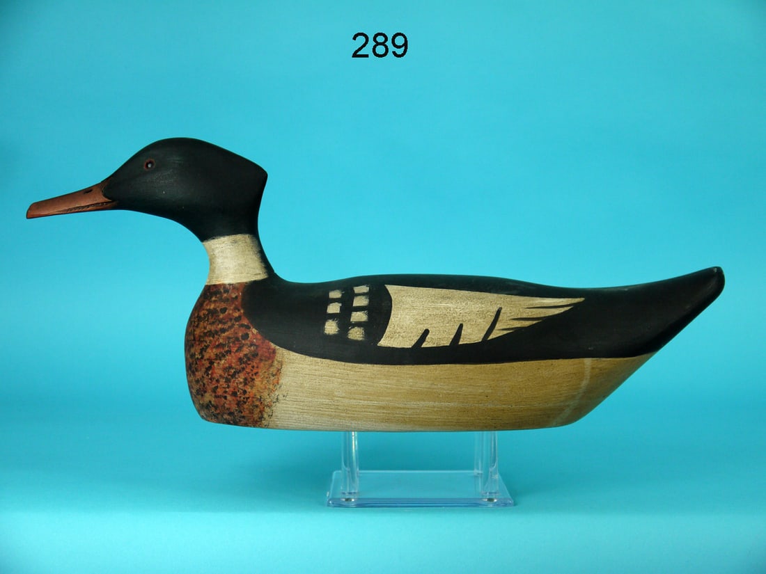 RED-BREASTED MERGANSER DRAKE, K.KIRBY: RED-BREASTED MERGANSER DRAKE by Ken Kirby, Little Egg Harbor, NJ. Excellent original paint and structural condition. Hollow construction. CaptainCharles Osgood, Marblehead, MA model. Retains glass. Ca