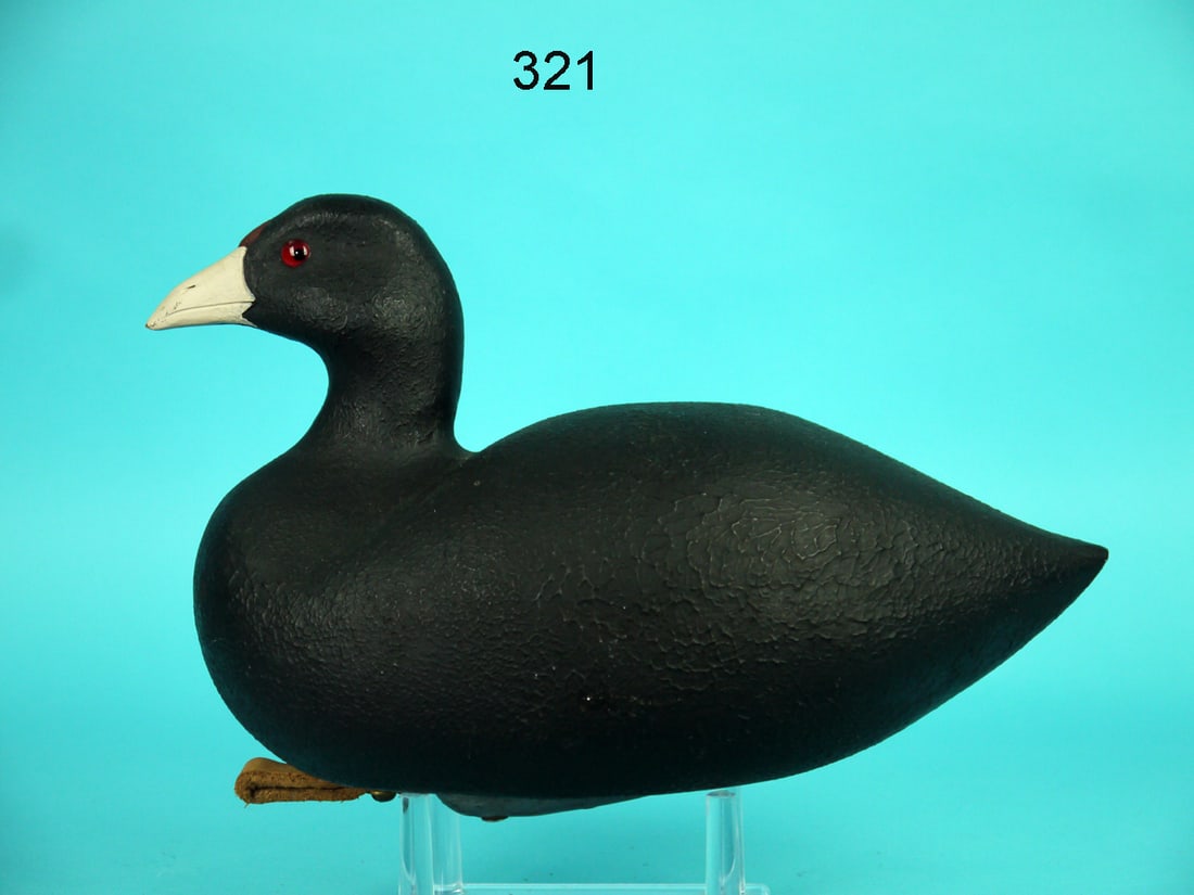 COOT: COOT in very good original paint and structural condition. Hollow construction. Full-bodied carving with textured paint overall. Retains glass eyes, weight and rigging. Branded LEW three times. Overal