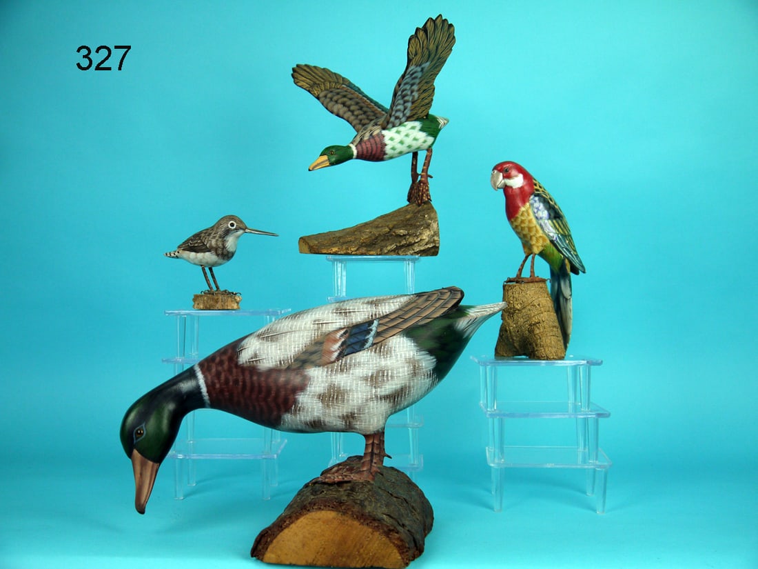 FOUR DECORATIVE BIRDS: FOUR DECORATIVE BIRDS. All in very good paint and structural condition. Sizes range from 5 1/2 inches to 11 1/2 inches. 50-75