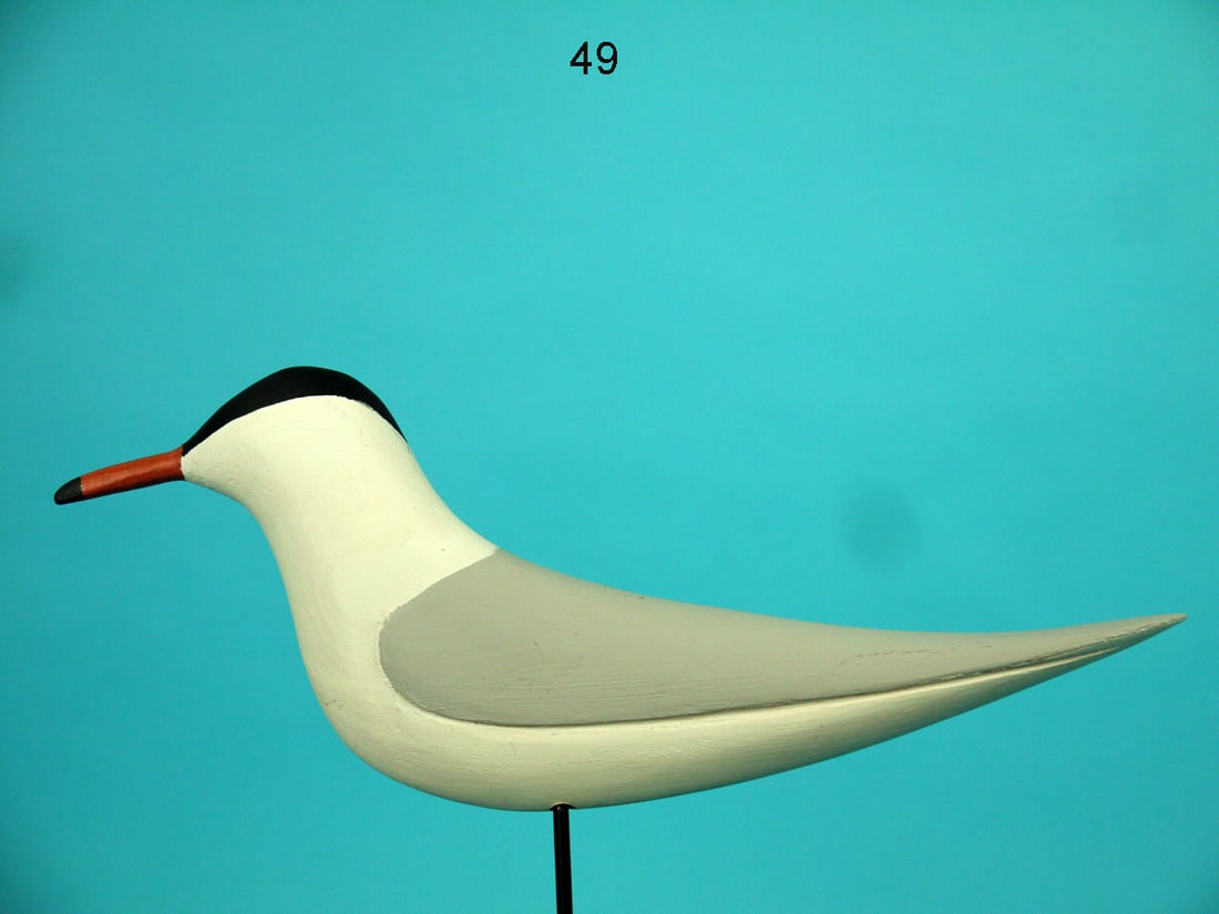 TERN, L. MAIORANO: SLEEK TERN by Lenny Maiorano, Rutherford, NJ. Flatty in excellent original paint and structural condition. Relief-carved wings. Signed by maker. Mounted atop a metal base. Overall length is approximat
