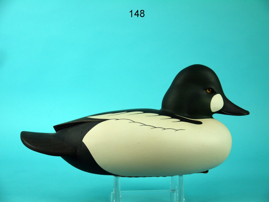 GOLDENEYE DRAKE, C.R. MARTER, JR.: GOLDENEYE DRAKE by Caleb R. Marter, Jr., Burlington, NJ. Very good original paint and structural condition. Shelf rub to one area on tail. Hollow construction. Snug-head model with raised wing tips. R