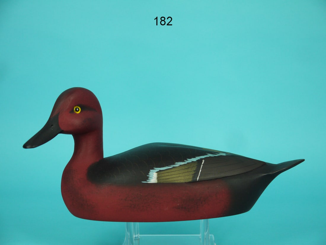 CINNAMON TEAL, K. HARRIS: CINNAMON TEAL by Ken Harris, Woodville, NY. Very good original paint and structural condition. Relief-carved wings and upswept tail. Painted feather detail to back and wings. Head sharply turned. Reta