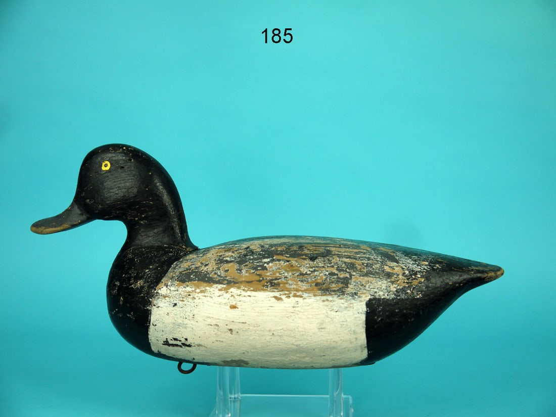 BLUEBILL DRAKE, CONNECTICUT: EARLY BLUEBILL DRAKE, Branford, CT. Stanford family, circa 1940s. Working paint worn to wood in areas. Very good structural condition. Solid construction, inlet head. Painted eye detail. Retains early