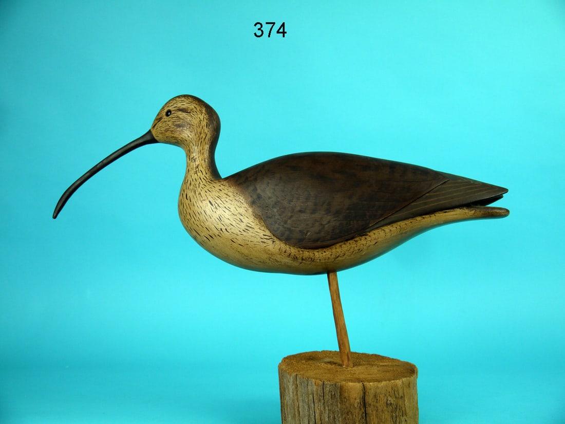 CURLEW: CURLEW by an unknown carver. Full-bodied carving with carved and raised wing tips. Nice painted feather detail overall. Retains glass eyes and original bill. Mounted atop a custom base. Overall length