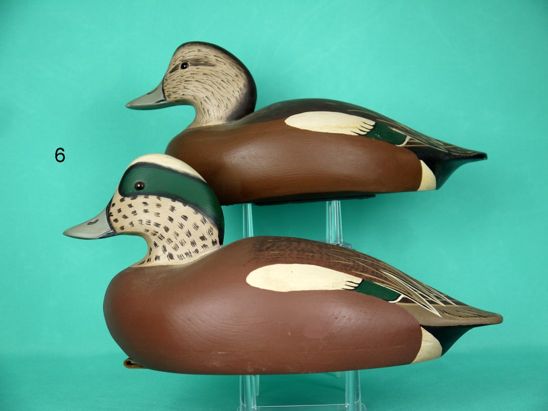 WIGEON PAIR, A. BIRDSALL: PAIR OF WIGEON by Art Birdsall, Pt. Pleasant, NJ. Very good original paint and structural condition. Hollow construction. Painted feather detail to both backs. Both retain glass eyes and bills with ca