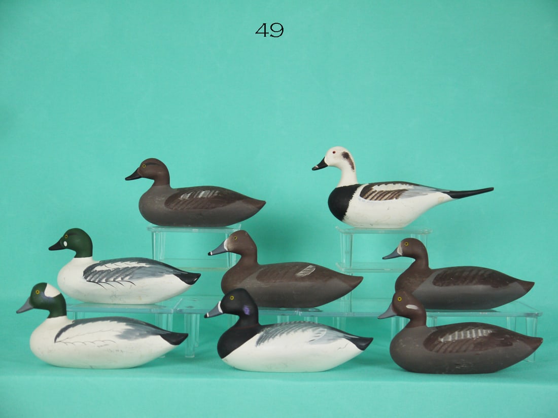 EIGHT MINIATURE DECOYS, B. JOBES: EIGHT MINIATURE DECOYS by Bob Jobes, Havre de Grace, MD. All in very good original paint and structural condition. The group consists of an old squaw drake, bluebill hen, goldeneye pair, bufflehead pa