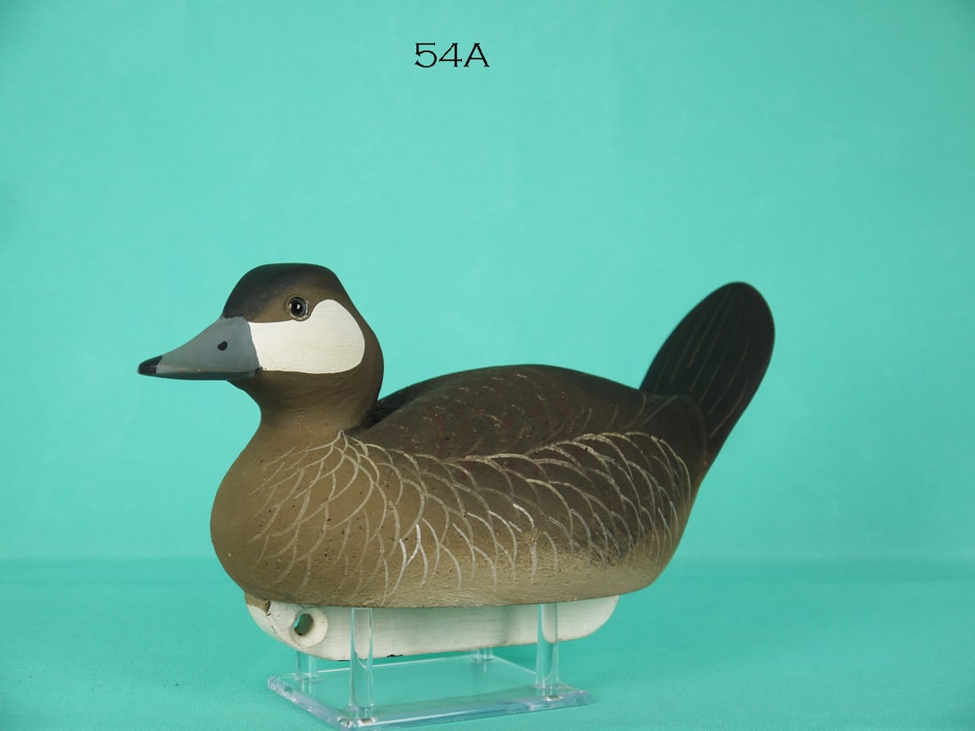 RUDDY DUCK DRAKE, R. LABER: RUDDY DUCK DRAKE by Ron Laber, Fishing Creek, MD. Excellent original paint and structural condition. Cork construction with inserted wood tail. Painted feather detail to body. Head slightly turned and