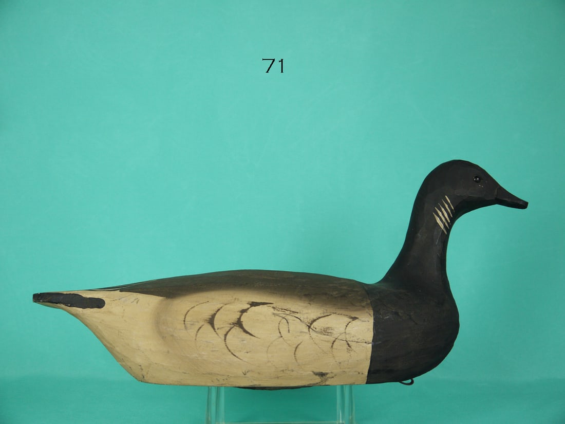 BRANT, J. BOWDEN: BRANT by Jimmy Bowden, Chincoteague, VA. Very good original paint and structural condition. Chip-carved style with head slightly turned. Retains weight, rigging and maker's brand. Overall length is ap