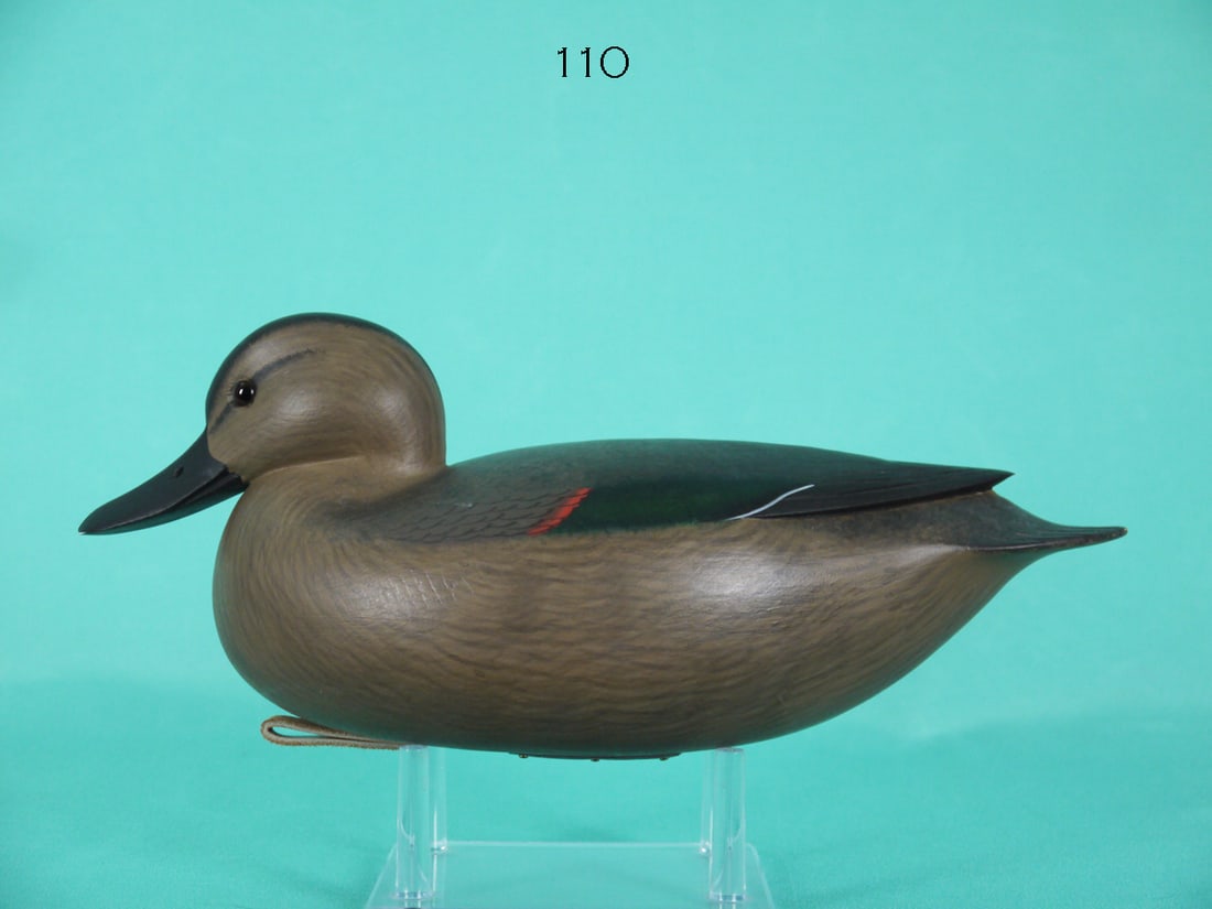 GREEN WING TEAL HEN, F.C. BROWN, JR.: GREEN WING TEAL HEN by Frederick C. Brown, Jr., Pt. Pleasant, NJ. Excellent original paint and structural condition. Hollow construction. Raised carved wing tips and fluted tail carving. Snug-head mod