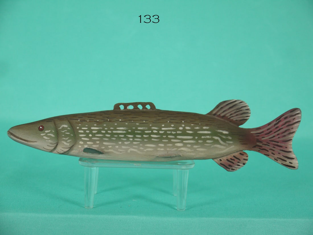 PICKEREL, F. JENNINGS: VERY FINE PICKEREL ICE FISHING DECOY by Forrest "Bud" Jennings, Shamong, NJ. Excellent original paint and condition. Detailed painted body with carved tail and inserted metal fins. Painted eye detail.