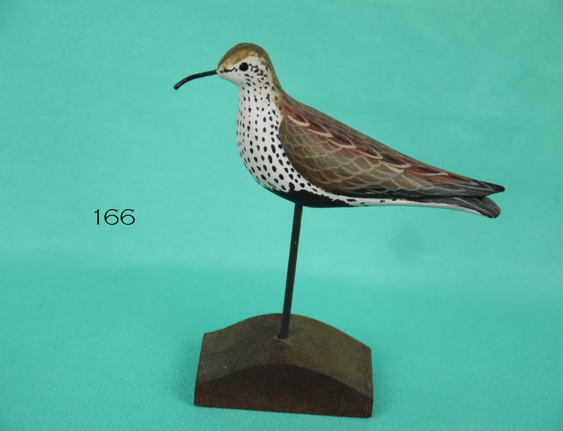 MINIATURE DUNLIN, D. RHODES: MINIATURE DUNLIN by Dave Rhodes, Absecon, NJ. Excellent original paint and structural condition. Detailed painted feather work overall. Split-tail carving. Signed by maker, retains maker's fingerprint