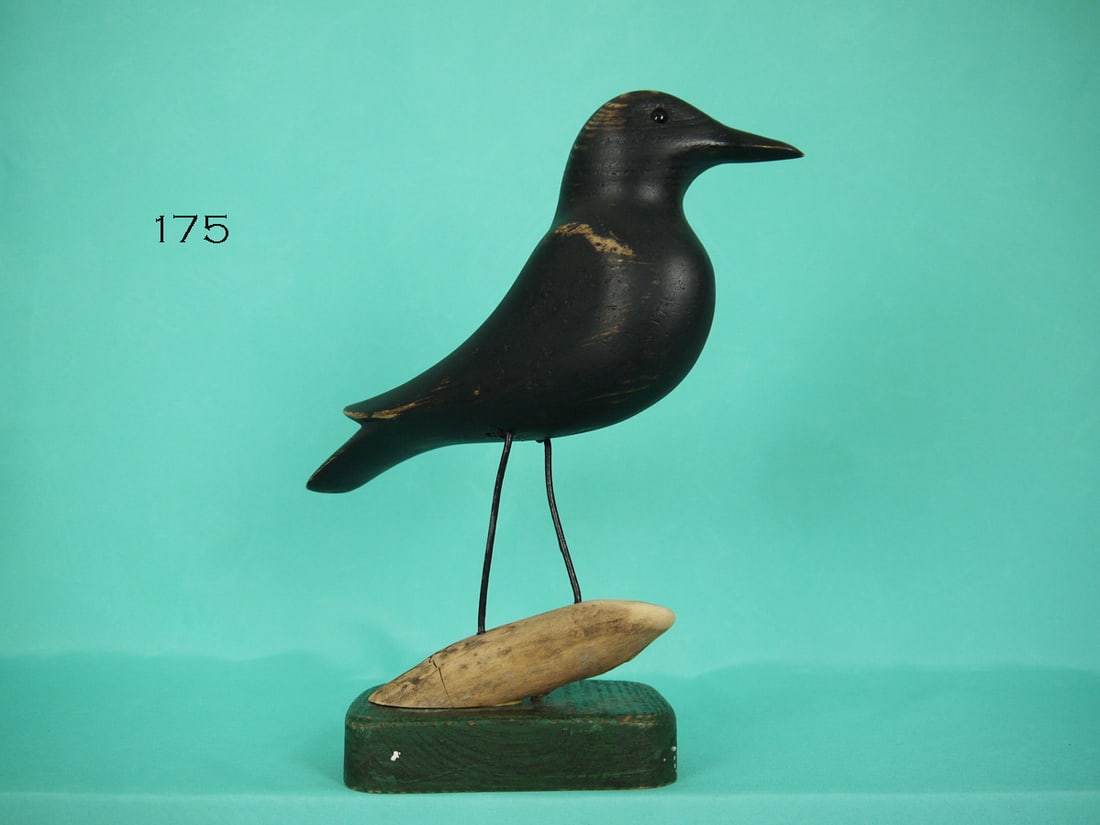 CROW, MIDWEST: CROW, Midwest. Folk art carving in very good original paint with rubs to edges. Very good structural condition. Raised wing tips. Head slightly turned. Retains glass eyes. Mounted on wire legs mounted