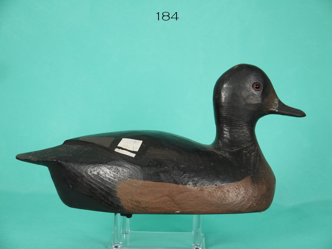 RING-NECKED DRAKE, F. TURNER: RING-NECKED DRAKE by Fred Turner, Stouffville, Ontario, circa 1948. Very good original paint and structural condition. Relief-carved wing tips. Retains glass eyes, weight and rigging ring. Overall len