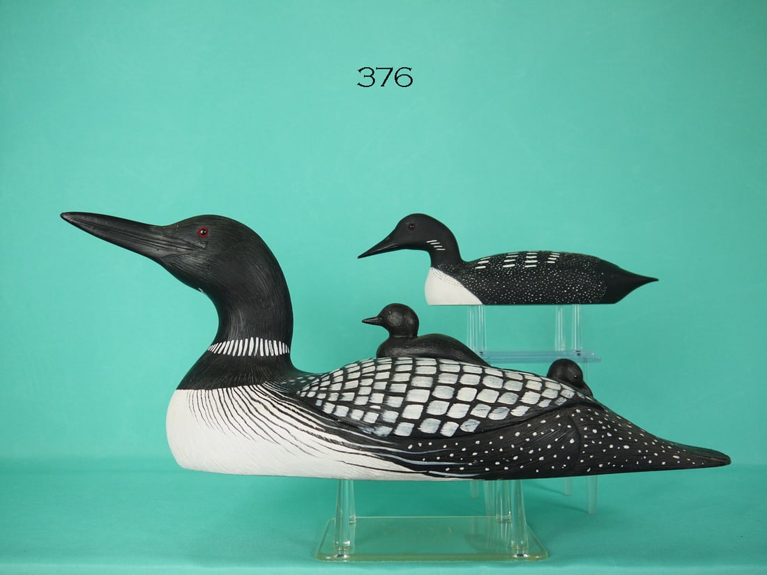 TWO LOONS: ONE-THIRD SIZE LOON by Dave Stavely, Easton, MD. Very good original paint and structural condition. Relief-carved wings with carved feather detail. Painted feather detail to back and sides. Retains be