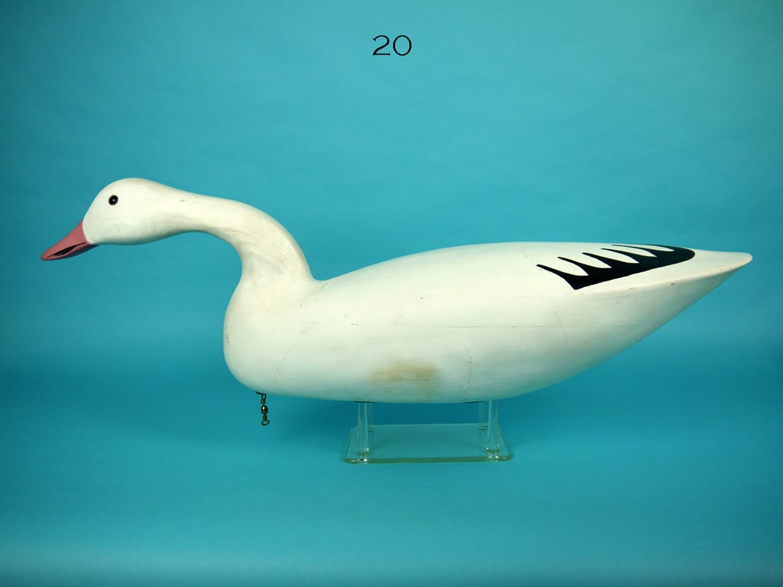 SNOW GOOSE, A. BIRDSALL: FINE SNOW GOOSE by Art Birdsall, Pt. Pleasant, NJ. Very good original paint and structural condition. Line of raised grain on one side. Hollow construction. Swimming model with incised bill and nail d