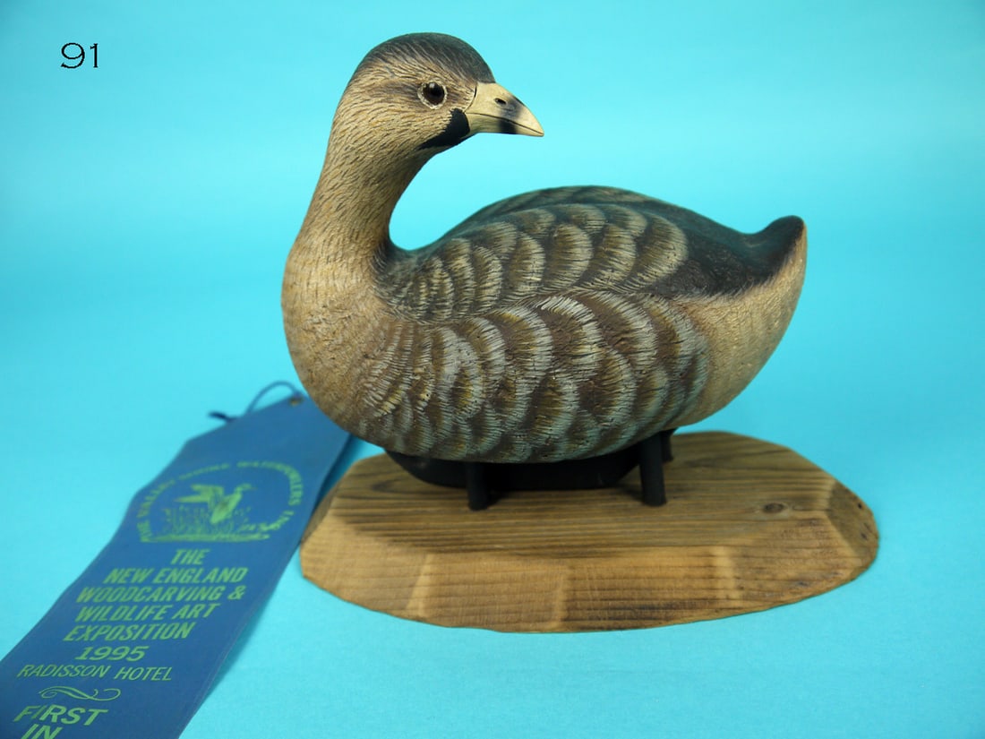 PIED-BILL GREBE, D. STEVENS: EXCEPTIONAL PIED-BILL GREBE by Don J. Stevens, Salisbury, CT. Excellent original paint and structural condition. Cork construction. Relief-carved wings and upswept tail. Head, with glass eyes, is shar