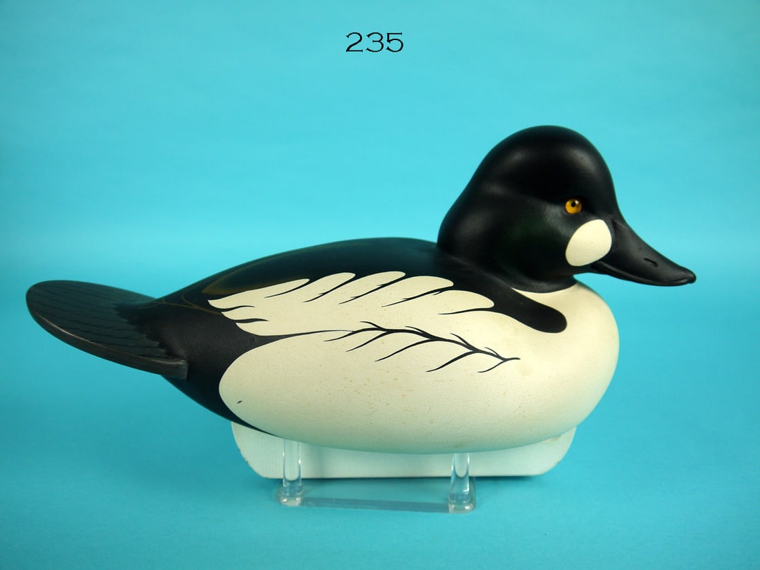 GOLDENEYE DRAKE, C.R. MARTER, JR.: GOLDENEYE DRAKE by Caleb R. Marter, Jr., Burlington, NJ. Very good original paint and structural condition. Hollow construction. Snug-head model with upswept paddle tail. Detailed feather paint to tai