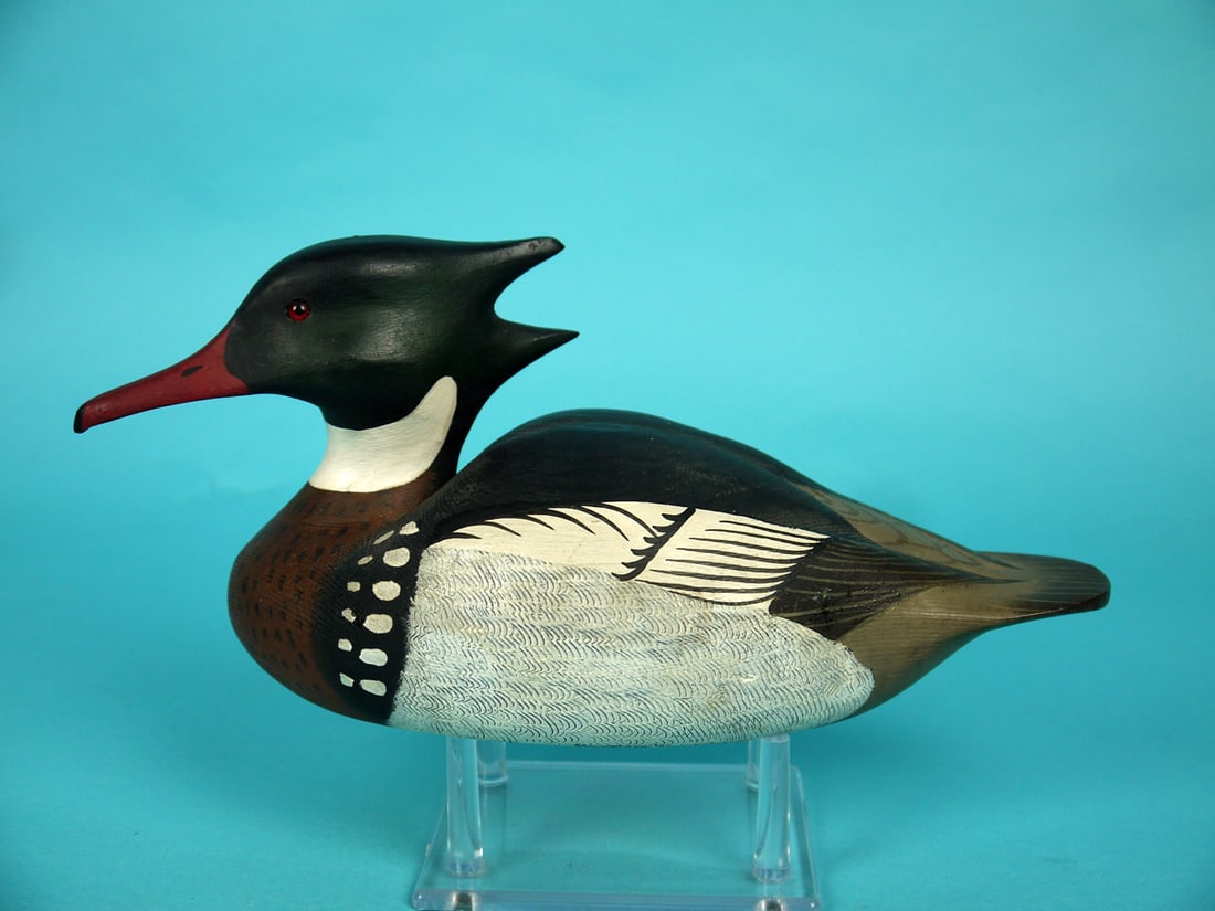 ONE-THIRD SIZE RED-BREASTED MERGANSER DRAKE, WILDFOWLER: ONE-THIRD SIZE RED-BREASTED MERGANSER DRAKE by the Wildfowler Decoy Company, Pt. Pleasant, NJ. Very good original paint attributed to William Cranmer. Very good structural condition. Relief-carved