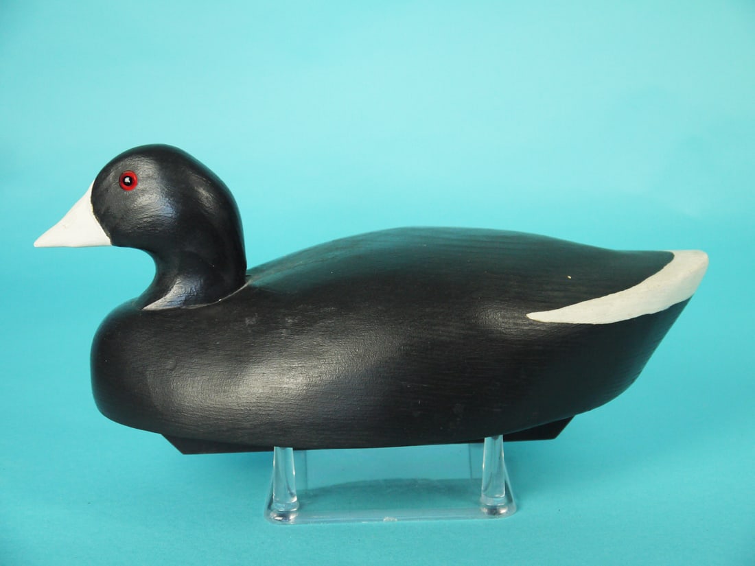 COOT, WILDFOWLER: COOT by the Wildfowler Decoy Company, Bohemia, NY. Very good original paint and structural condition. Solid construction. Retains glass eyes and bill with nostril detail. Retains full keel. Notation