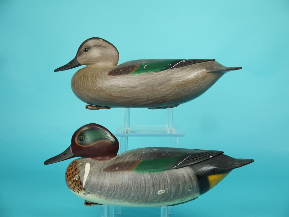 GREEN WING TEAL PAIR, F.C. BROWN, JR: PAIR OF GREEN WING TEAL by Fredrick C. Brown, Jr., Pt. Pleasant, NJ. Good original paint with some rubs and sap bleed to bodies. Very good structural condition. Hollow construction. Snug-head models w