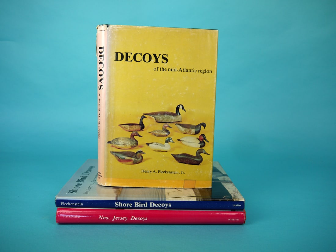 THREE DECOY BOOKS: THREE DECOY BOOKS, "Decoys of the mid-Atlantic region"', "Shore Bird Decoys" and "New Jersey Decoys" by H. Fleckenstein, Jr. All in good condition. "Decoys of the mid-Atlantic region with some tears a
