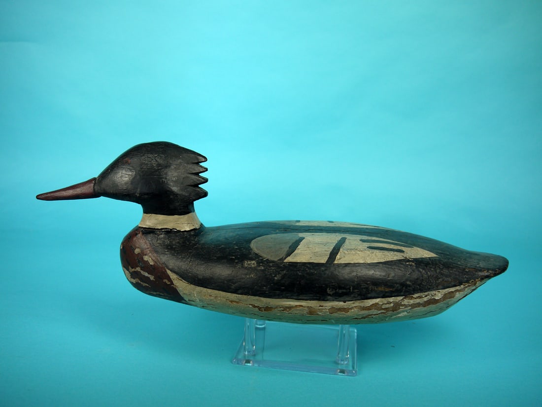 RED-BREASTED MERGANSER DRAKE, MAINE: RED-BREASTED MERGANSER DRAKE, Maine. Working paint with flaking to breast and side. Good structural condition with two tight vertical cracks near neck base. Solid construction. Head with painted eye d