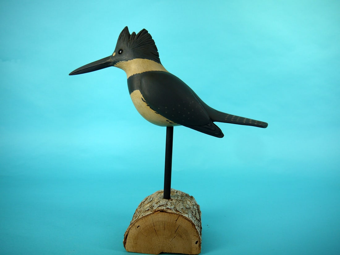 KING FISHER, S. MOREY: OUTSTANDING KINGFISHER by Steve Morey, Tuckerton, NJ. Excellent original paint and structural condition. Detailed carved head crest feathers and relief carved wings. Wing tips with carved feather