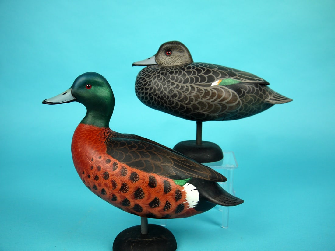ONE-HALF SIZE CHESTNUT TEAL PAIR, J. WOOD: VERY FINE PAIR ONE-HALF SIZE CHESTNUT TEAL by John Wood, Venice, FL. Excellent original paint and structural condition. Very detailed painted feather work to both bodies. Both with relief-carved