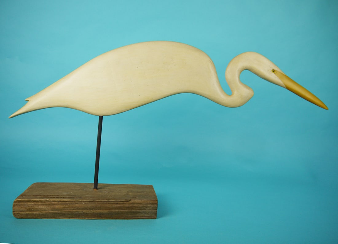 GREAT WHITE HERON SILHOUETTE, B. WHITE: GREAT WHITE HERON SILHOUETTE by Bob White, Tullytown, PA. Very good original paint and structural condition. Split-tail carving and graceful carved neck. Retains glass eyes. Signed by maker under