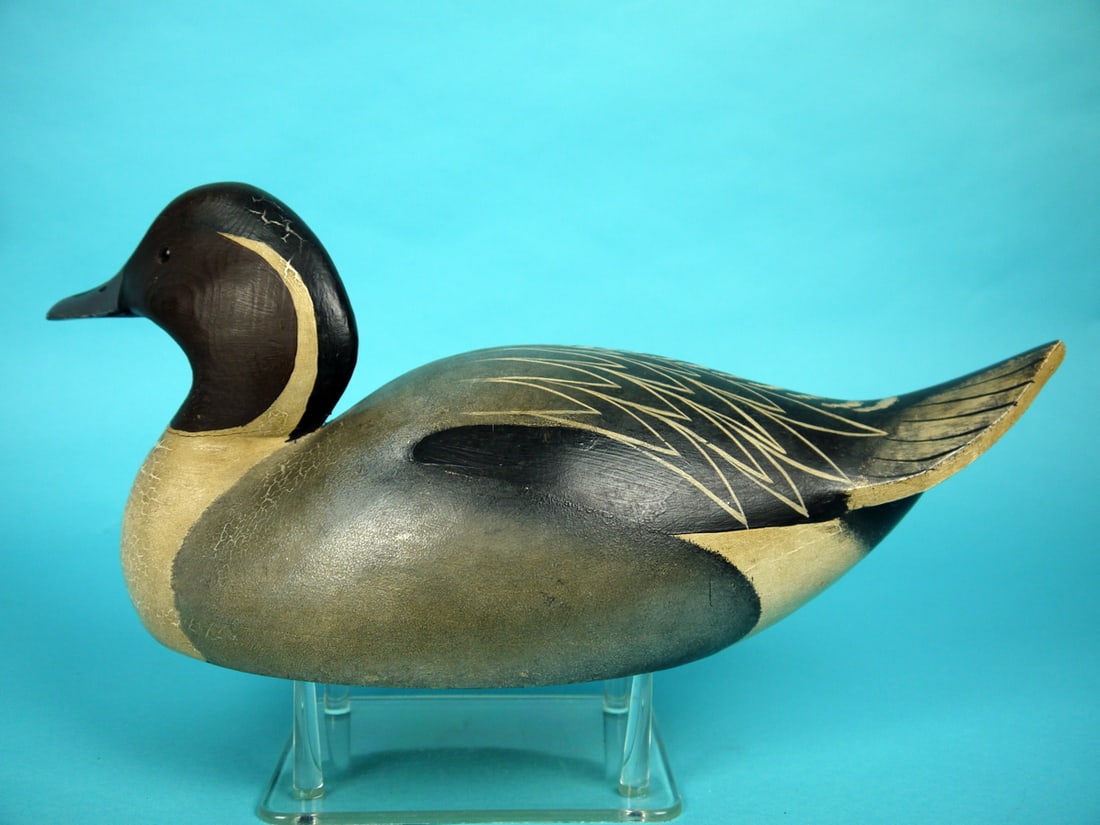 PINTAIL DRAKE, W. CRANMER: EARLY PINTAIL DRAKE by William Cranmer, Beach Haven, NJ. Good original paint with some crazing to breast, head and upper back. Very good structural condition. Hollow construction. Painted feather
