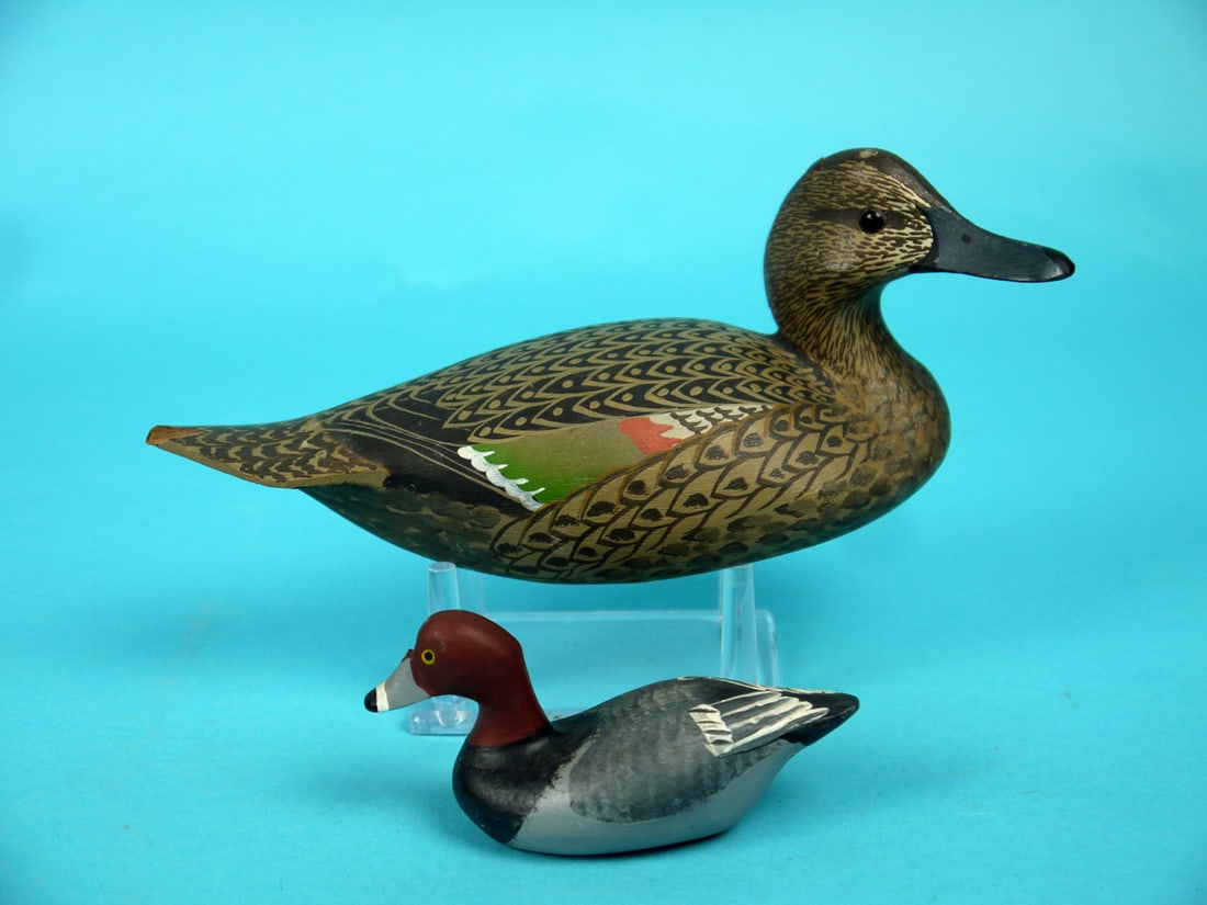 ONE-THIRD SIZE PINTAIL, W. CRANMER/MINI REDHEAD C. BAUER: ONE-THIRD SIZE PINTAIL HEN by William Cranmer, Beach Haven, NJ. Very good original paint. Good structural condition. Chip to tail tip and slightly raised nail to back of head. Detailed painted