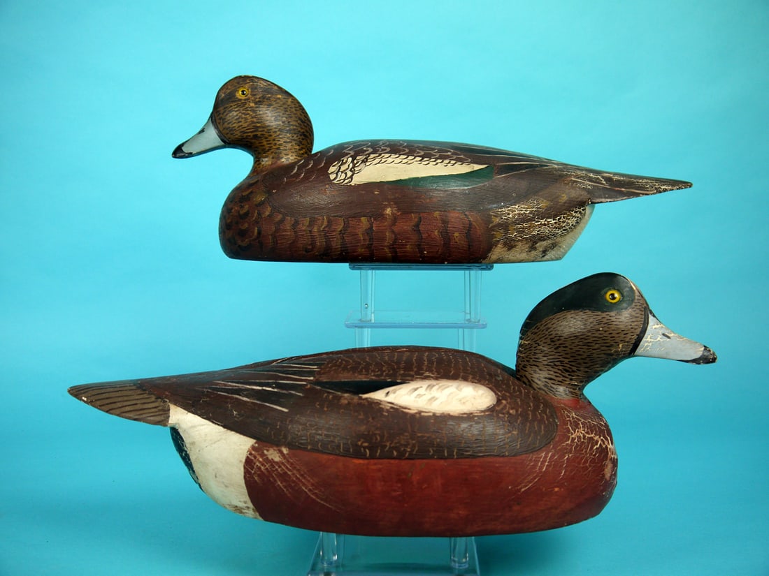 WIDGEON PAIR, C. SPRAGUE: EARLY PAIR OF WIDGEON by Chris Sprague, Beach Haven, NJ, circa 1948. Good original paint with some paint crazing to both. Very good structural condition. Detailed painted feather work to both. Both