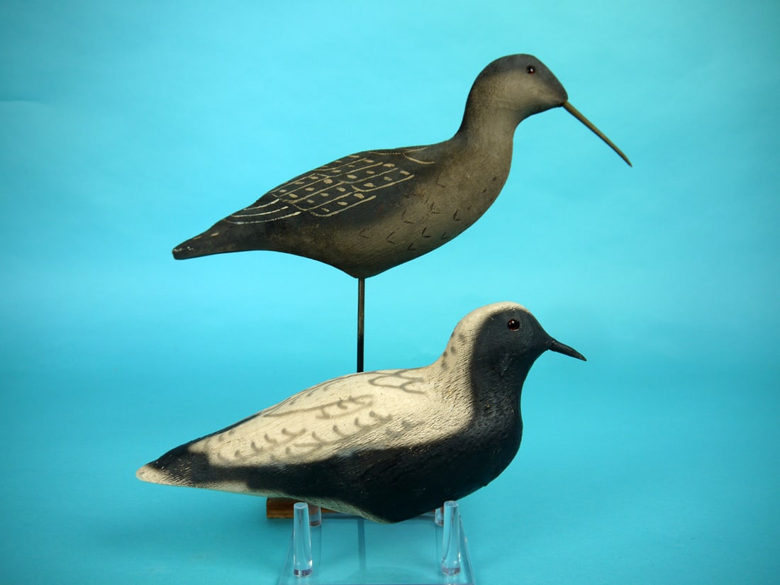 TWO HERTER'S SHOREBIRDS: BLACK-BREASTED PLOVER by Herter's, Waseca, MN. Together with a CURLEW. Both in very good original paint and unused condition. Both mounted atop custom bases. Overall length of the curlew is
