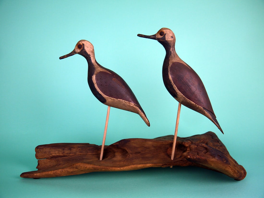 TWO BLACK BELLIED PLOVERS, B. BIEBER: TWO BLACK-BELLIED PLOVERS by Bruce Bieber, Cape May, NJ. Both in original paint. Good structural condition with gunning wear. Incised wing tips and tails with carrying holes. Both retain rusted tack