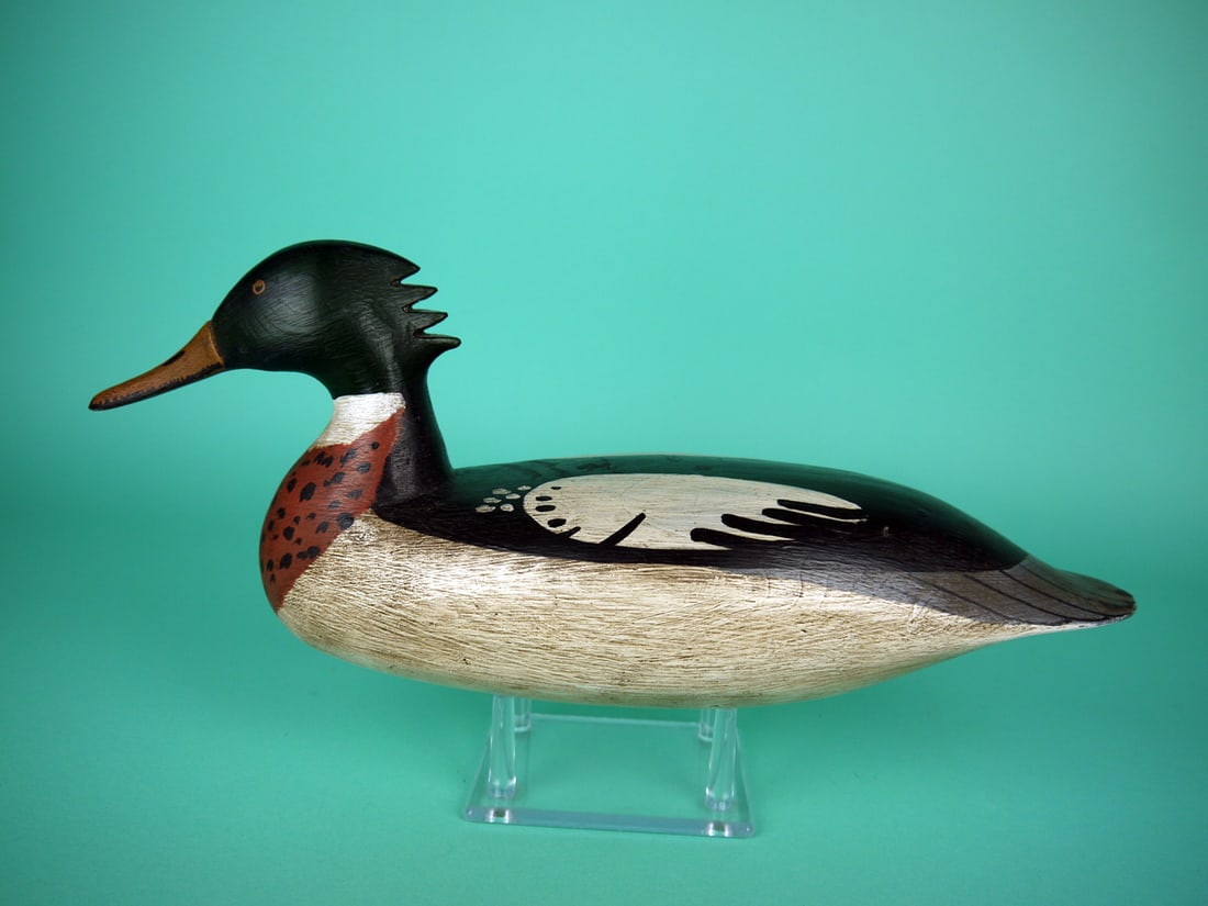 RED-BREASTED MERGANSER DRAKE, BARNEGAT BAY DECOYS: RED-BREASTED MERGANSER DRAKE by Barnegat Bay Decoys, Pt. Pleasant, NJ. Good original paint and structural condition. Repair to bill at mid-section. Hollow construction. Retains inlet weight. Branded